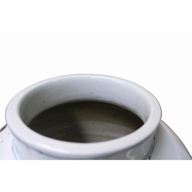 2010s Chinese Gray Blue Off White Flowers Graphic Fat Round Ceramic Vase For Sale - Image 5 of 7