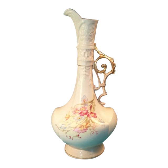 Antique Prussian Porcelain Ewer Rudolstadt Art Studio Hand-Painted Floral Pitcher-Shaped Vase For Sale