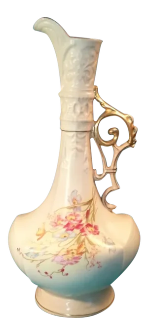 Antique Prussian Porcelain Ewer Rudolstadt Art Studio Hand-Painted Floral Pitcher-Shaped Vase