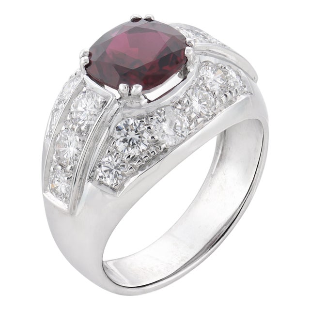 Vintage Gia 2.58 Carat Ruby Diamond 18k White Gold Cocktail Ring, Size 7.75 For Sale