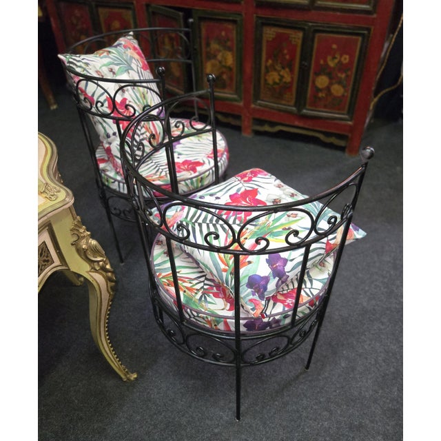 Vintage Wrought Iron Chairs with Tropical Pattern Cushions, 1970s, Set of 2 For Sale - Image 3 of 6