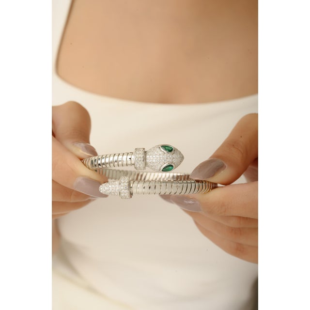 Sarpentine Bypass Flex Wrap Bracelet in 925 Silver 5x3mm Green Gem Eye & Pave Zirconia For Sale - Image 4 of 11