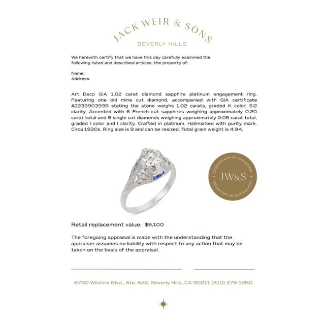 Silver 1930s Art Deco Gia 1.02 Carat Diamond Sapphire Platinum Engagement Ring, Size 9 For Sale - Image 8 of 8