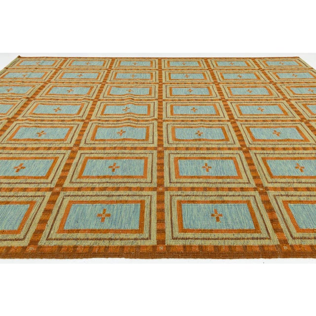 Swedish-Style Geometric Flatweave Wool Rug in Rust and Sky Blue For Sale - Image 10 of 10