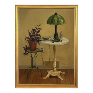 Eva Martino (American, B. 1929) - Monumental Realist Still Life Interior With Tiffany Lamp, Signed (Ca. 1960, Framed)/Lucien Freud