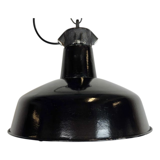 Industrial Black Enamel Factory Lamp with Cast Iron Top from Elektrosvit, 1950s For Sale