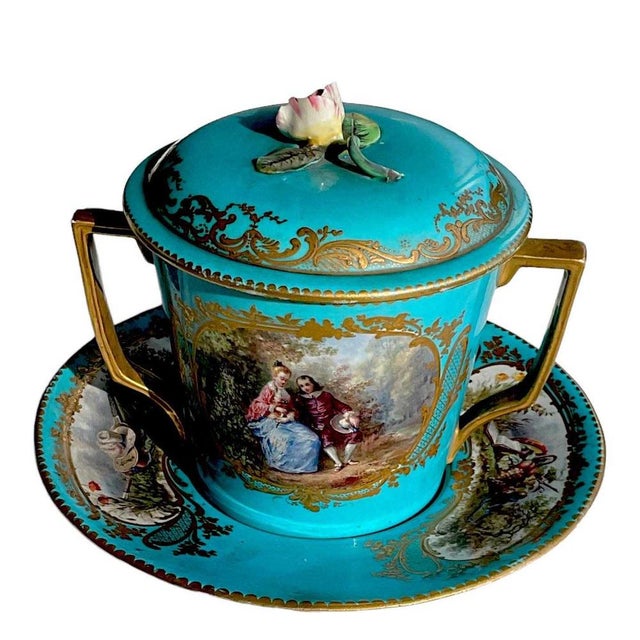Large Covered Cup and Deep Saucer in Sevres Porcelain, 19th Century, Set of 3 For Sale - Image 12 of 14