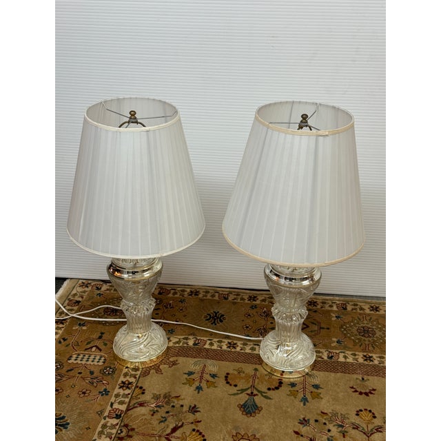 Hollywood Regency Stiffel Cut Glass + Polished Brass Vintage Table Lamps, Pair For Sale - Image 3 of 12