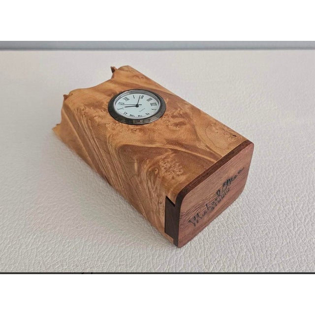 Contemporary Michael Elkan Signed Hand-Carved Curly Maple Burl Desk Clock With Hidden Compartment For Sale - Image 3 of 9