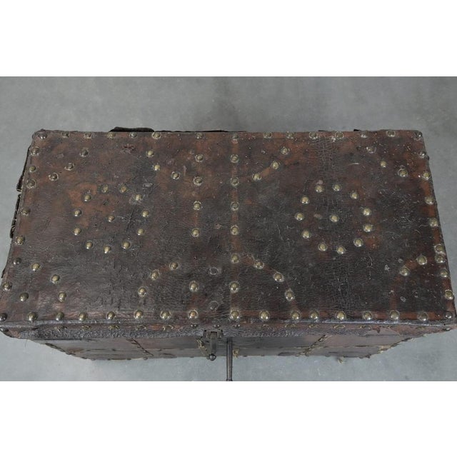Brown Antique Leather-Lined Chest or Safe, 17th Century For Sale - Image 8 of 16