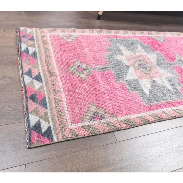 Textile Vintage Pink Geometric Turkish Hand-Knotted Runner For Sale - Image 7 of 9