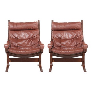 Vintage Siesta High Back Chairs in Cognac Leather and Plywood by Ingmar Relling for Westnofa, 1960s, Set of 2 For Sale