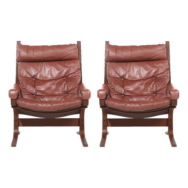 Vintage Siesta High Back Chairs in Cognac Leather and Plywood by Ingmar Relling for Westnofa, 1960s, Set of 2 For Sale