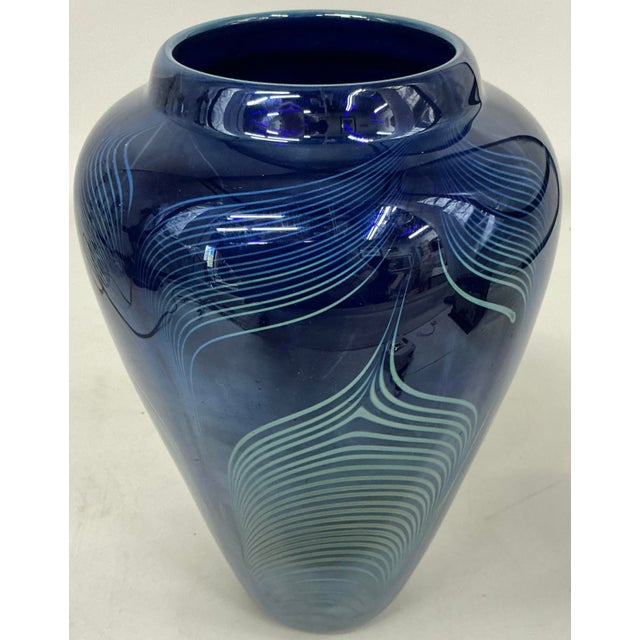 Glass Randy Strong Art Glass Iridescent Cobalt Pulled Feather Vase For Sale - Image 7 of 11