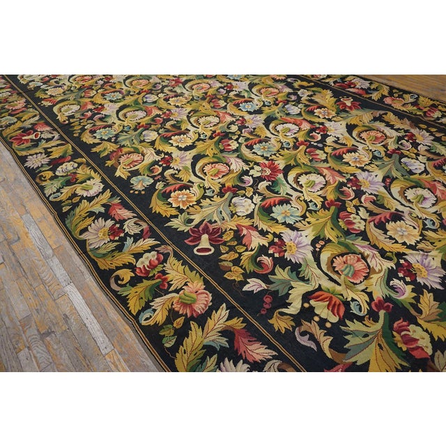 Traditional 1890s Black Floral Antique European Needlepoint Rug 10'6" X 24'9" Handknotted Wool Carpet For Sale - Image 3 of 11