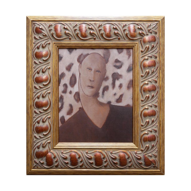 Brown-toned abstract contemporary figurative painting by Houston, TX artist Scott Woodard. The painting depicts a bald man...