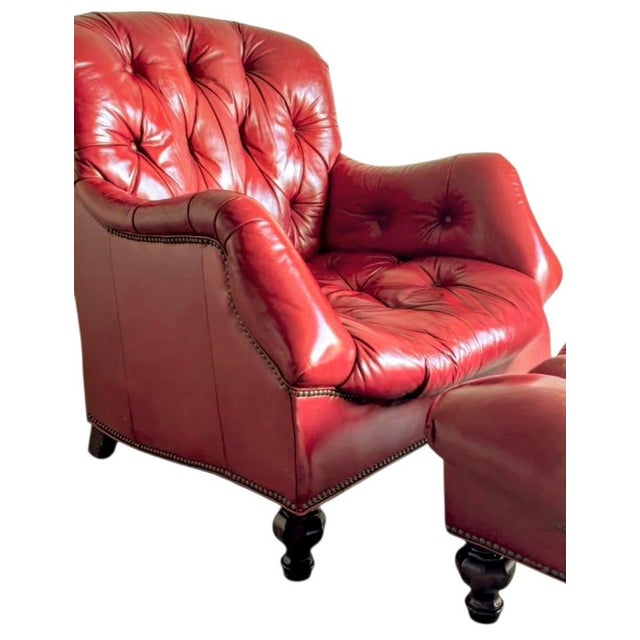 Vintage Thomasville Chesterfield Leather Easy Chair and Ottoman Set For Sale - Image 9 of 12