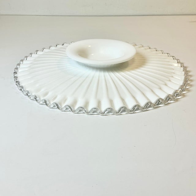 1950s Vintage Americana Farmhouse Boho Chic Fenton Silver Crest Milk Glass Ruffled Edge Low-Rise Cake Stand For Sale - Image 11 of 12