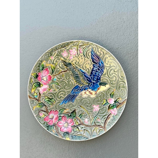 Chinoiserie Vintage Shutz Chiil Glazed Ceramic Wall Plates - Set of 2 For Sale - Image 3 of 12