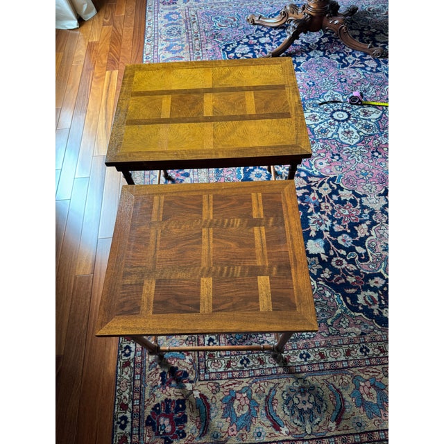 Brown Baker Furniture English Regency Walnut and Burl Wood Parquet Top Nesting Tables, Pair For Sale - Image 8 of 12
