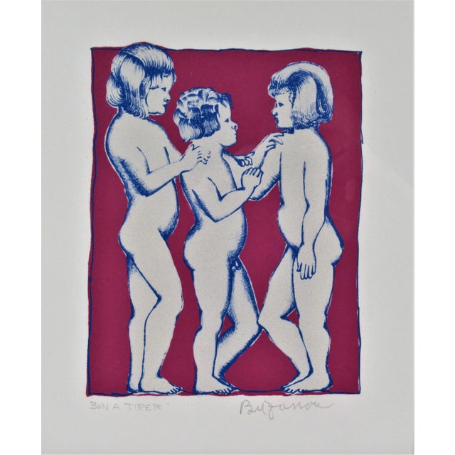 This artwork titled "Three Chidren" 1970 is an original color lithograph on B.F.K Rives paper by noted Italian/American...