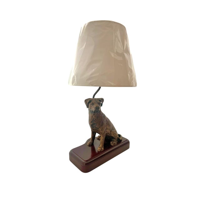 Late 20th Century Figural Golden Retriever Dog Table Lamp, Metal on Wood Base With Shade, 21.5"h For Sale In Tulsa - Image 6 of 12