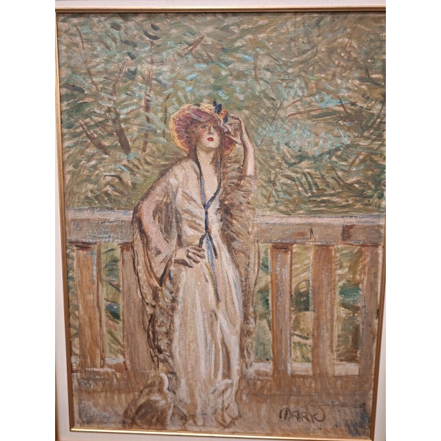 Textile Logos ( Louis ) Mark Portrait Oil Painting " Woman in a Garden " For Sale - Image 7 of 8