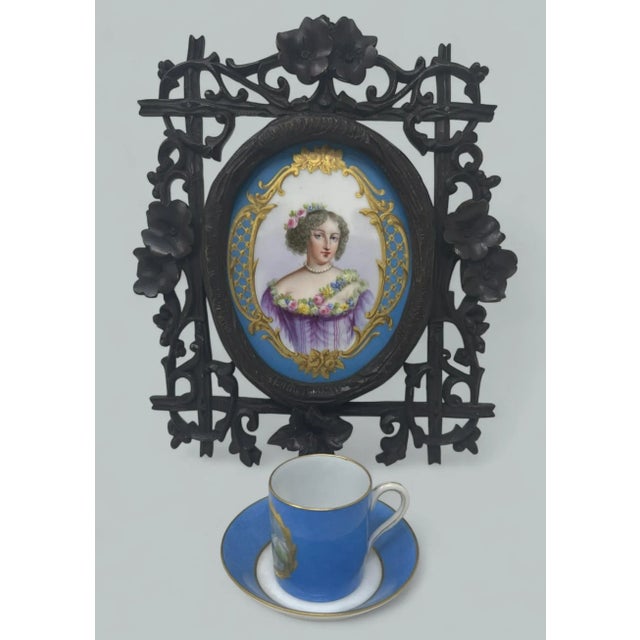 Manufacture de Sevres Antique French Sevres Celest Porcelain Framed Plaque Hand Painted Tea Coffee Cup For Sale - Image 4 of 11