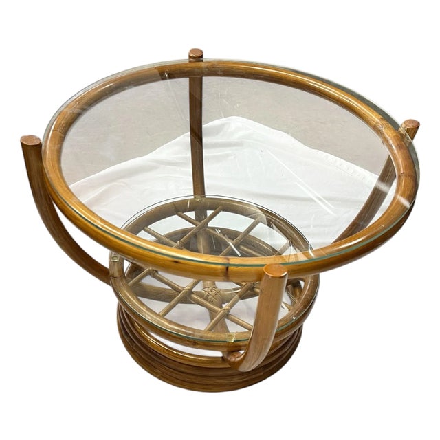 Vintage 1970s Italian Modern Style Round Glass and Rattan Coffee Side Table For Sale