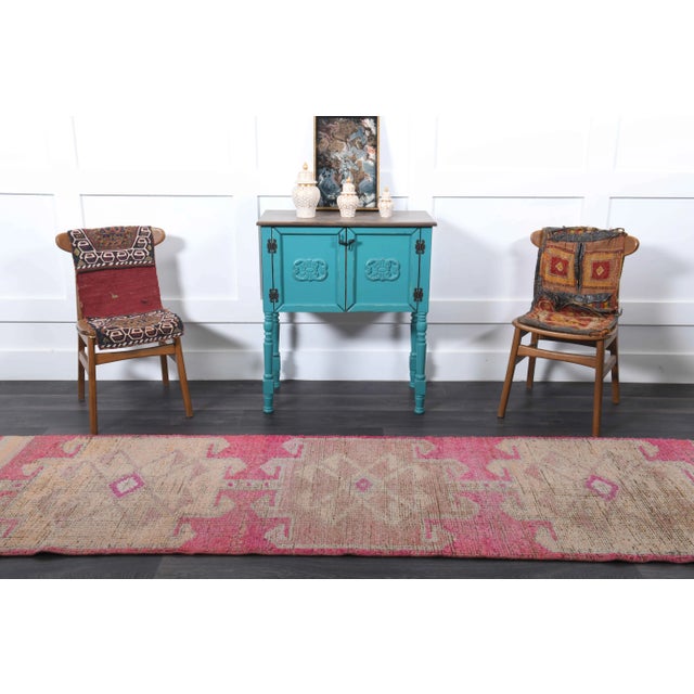 Boho Chic 1970s Vintage Turkish Hand-Knotted Wool Cotton Pink Runner Rug For Sale - Image 3 of 11
