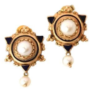Pearls & Enamel 14k Yellow Gold Fancy Earring - 2 Pieces