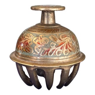 Antique Indian Brass Claw Foot Bell With Hand-Painted Floral Enamel, Early 20th Century For Sale