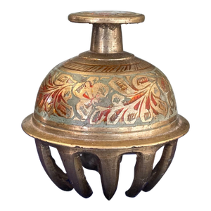 Antique Indian Brass Claw Foot Bell With Hand-Painted Floral Enamel, Early 20th Century