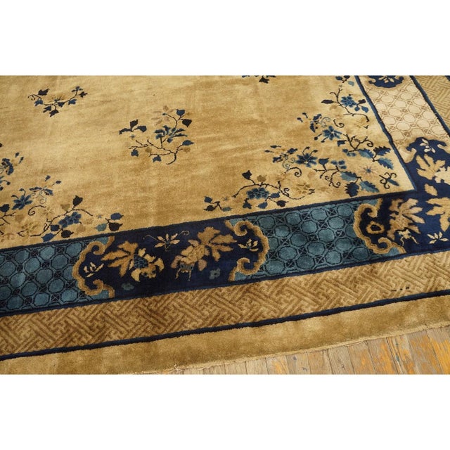 1920s Tan Beige Medallion Art Deco Antique Chinese Peking Carpet Knotted Rug For Sale - Image 4 of 10
