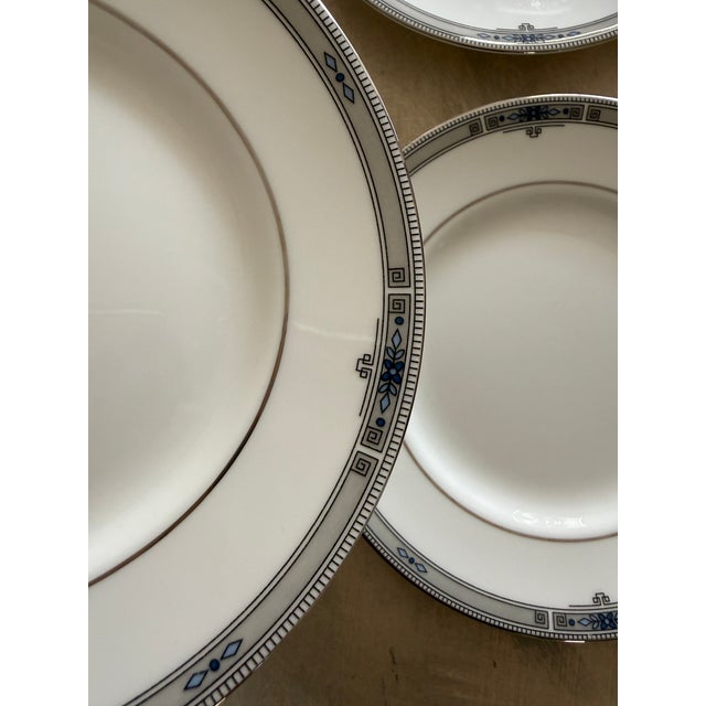 Ceramic Late 20th Century Wedgwood Amherst Bone China Plates 6 Inch Dove Gray Greek Key Blue Floral England - Set of Five (5) For Sale - Image 7 of 12