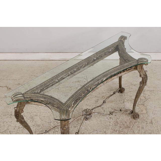 1980s Vintage Silver Finish Glass Top Console Table For Sale - Image 5 of 18