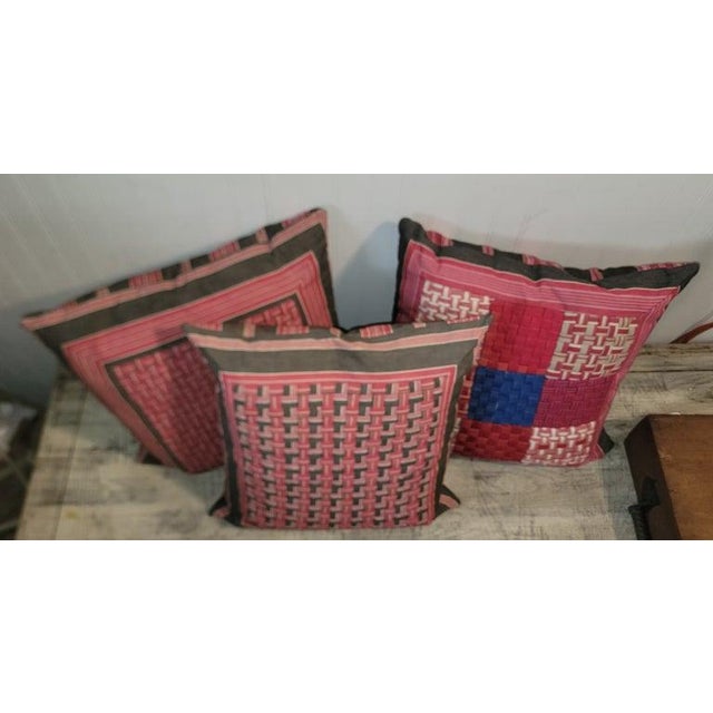 Folk Art Collection of 19Thc Basket Weave Ticking Pillows -3 For Sale - Image 3 of 10