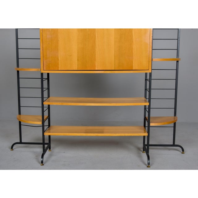 Mid Century Italian Free Standing Blond Wood and Black Metal Shelf Cabinet For Sale - Image 9 of 12
