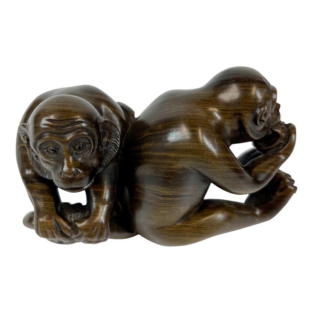 Two Hand Carved Monkeys in Hardwood For Sale