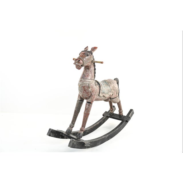 Folk Art Antique Carved and Painted Wooden Rocking Horse For Sale - Image 3 of 16