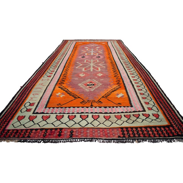Orange Authentic Turkish Kilim, Vintage Orange Hallway Runner, Tribal Rug, Handwoven Wool Tapestry, Mid Century Modern Floor Decor - 5′3″ X 11′5″ For Sale - Image 8 of 14