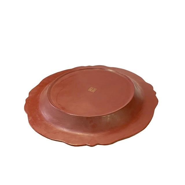 Wood Chinese Golden Foo Dog Graphic Brick Red Lacquer Display Disc Plate For Sale - Image 7 of 9