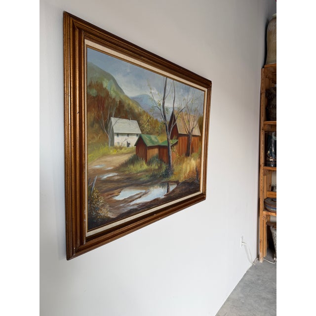 Farmhouse 1970s Vintage Rural Autumn Landscape Oil on Canvas Painting – Wood Frame For Sale - Image 3 of 12