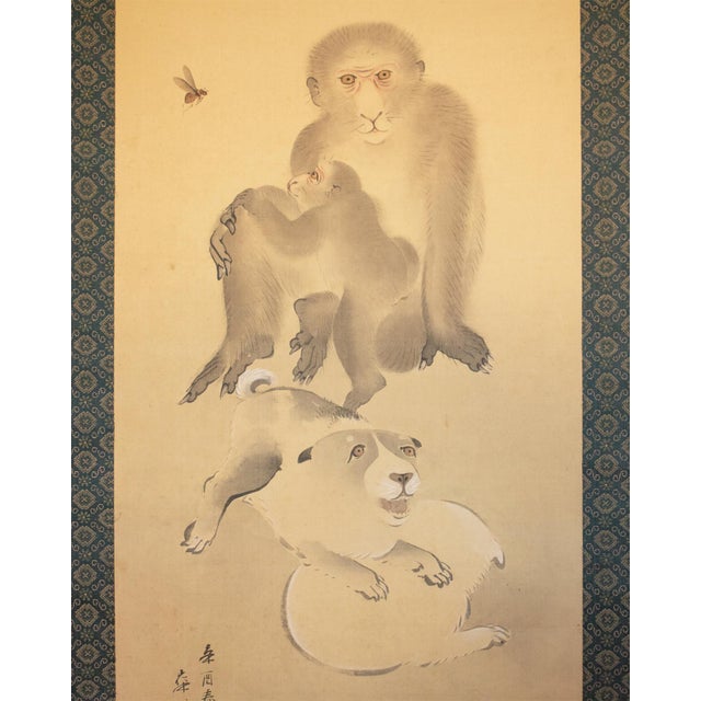 1861 "Monkeys and Puppies" by Nakajima Kayo, Japanese Silk Scroll Painting For Sale - Image 4 of 18