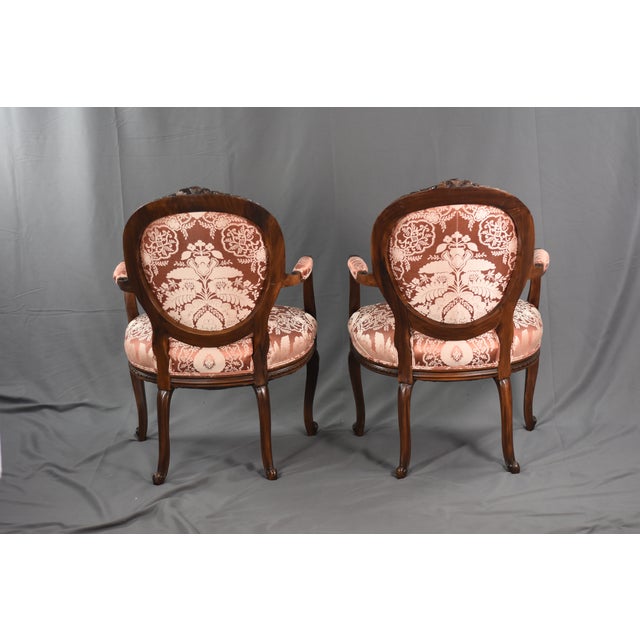 Brick Red New Scalamandre Damask on 1920s Louis XV-style Bergere Accent Chairs, Reupholstered Pair French Provincial Armchairs For Sale - Image 8 of 9