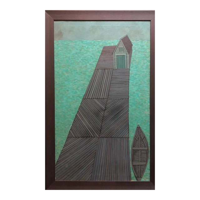 Judith Shahn, Modernist Oil Painting Abstract Dock with Boat Judith Shahn For Sale