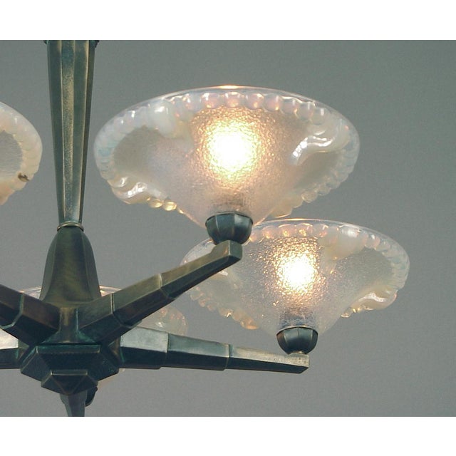 1920s or 30s 5-Light French Art Deco Bronze Patina Chandelier, Opalescent Shades For Sale - Image 4 of 6