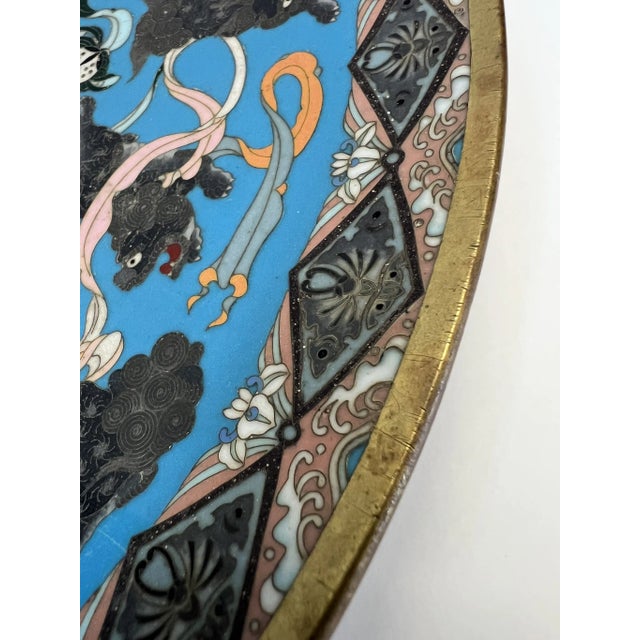 Antique Japanese Meiji Period Cloisonne Charger With Shishi Lion Dogs and Turtle With Hairy Tails For Sale - Image 9 of 12