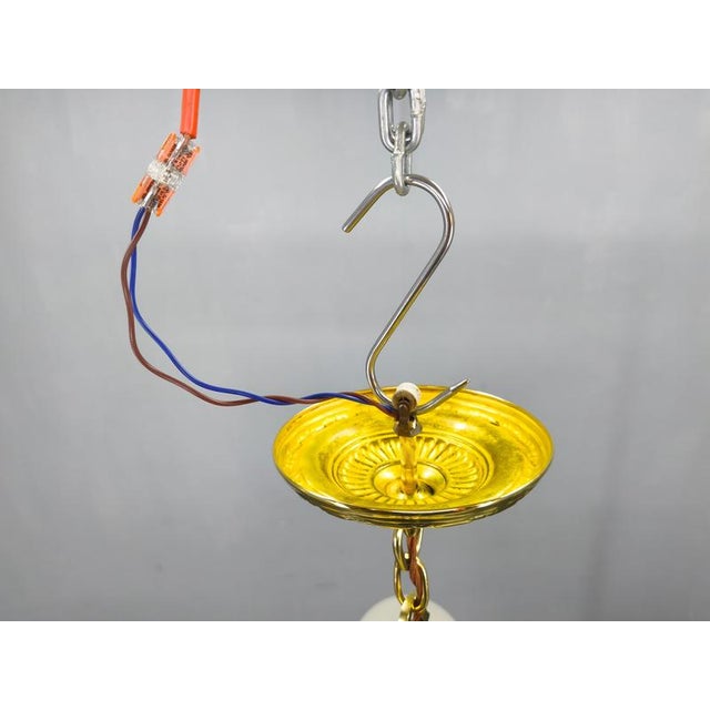 Art Deco Brass and Opaline Glass Chandelier, Czechoslovakia, 1930s For Sale - Image 9 of 12