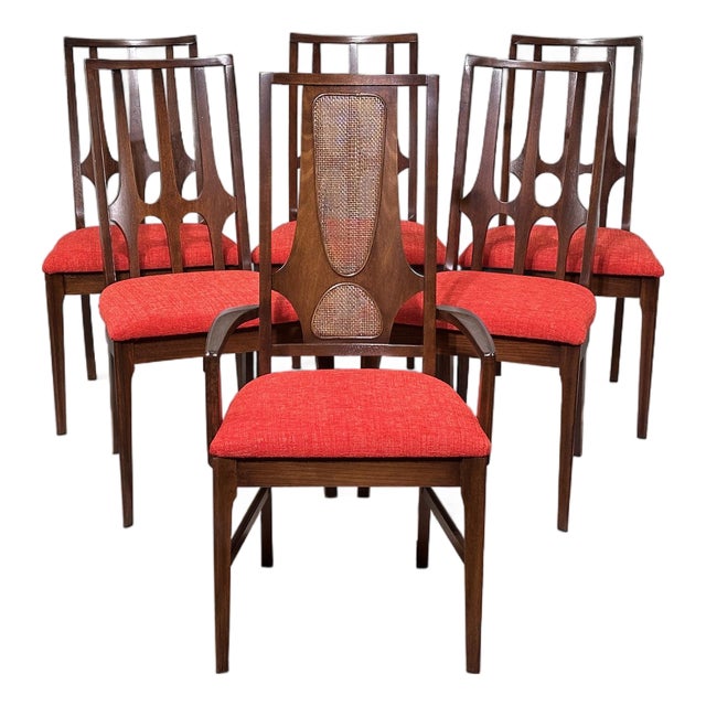 Restored Vintage Broyhill Brasilia Walnut and Cane Dining Chairs Set of 6 For Sale